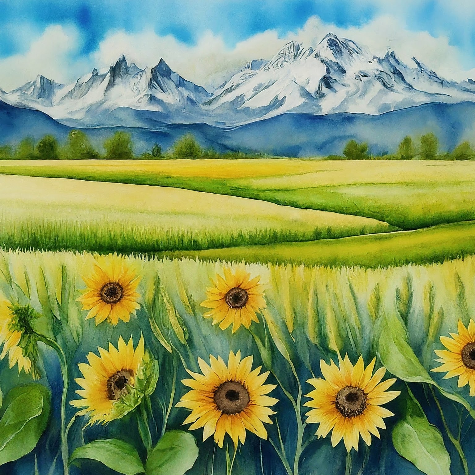 painting of mountains in the background with rolling hills of corn and sunflowers in the foreground